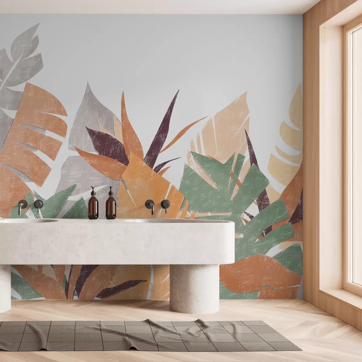 Fototapeedid Palmilehed, troopika, taimesiluetti imiteeriv pliiats, lill, roheline, oranž, hall, lilla punane, värv w00790