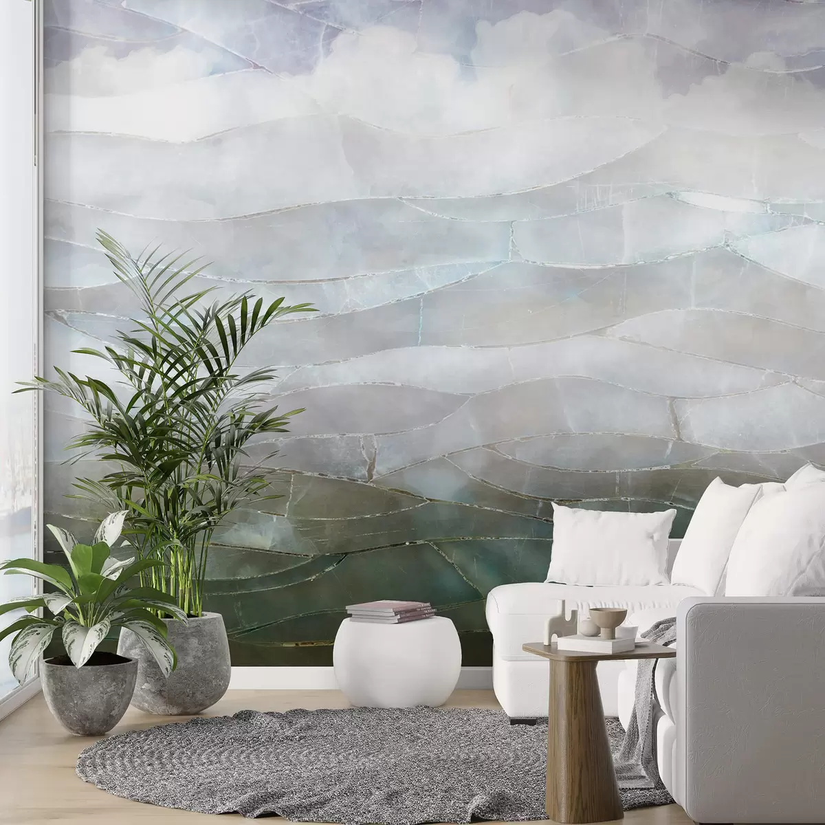 Fototapeedid Tekstuuriga udune, künklik abstraktne gradientmaastik lainetavate roheliste väljadega läbi udu w00795