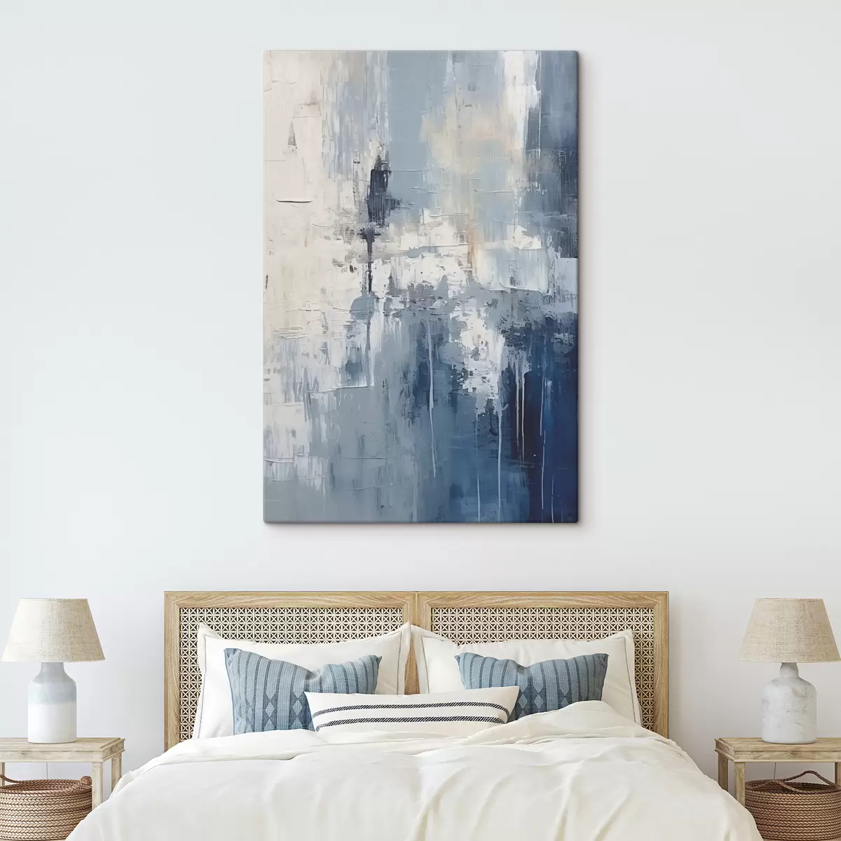 Pilt Abstraktne minimalistlik õlimaal, hõõrutud, geomeetriline, peits, sinine ja valge värv s38906