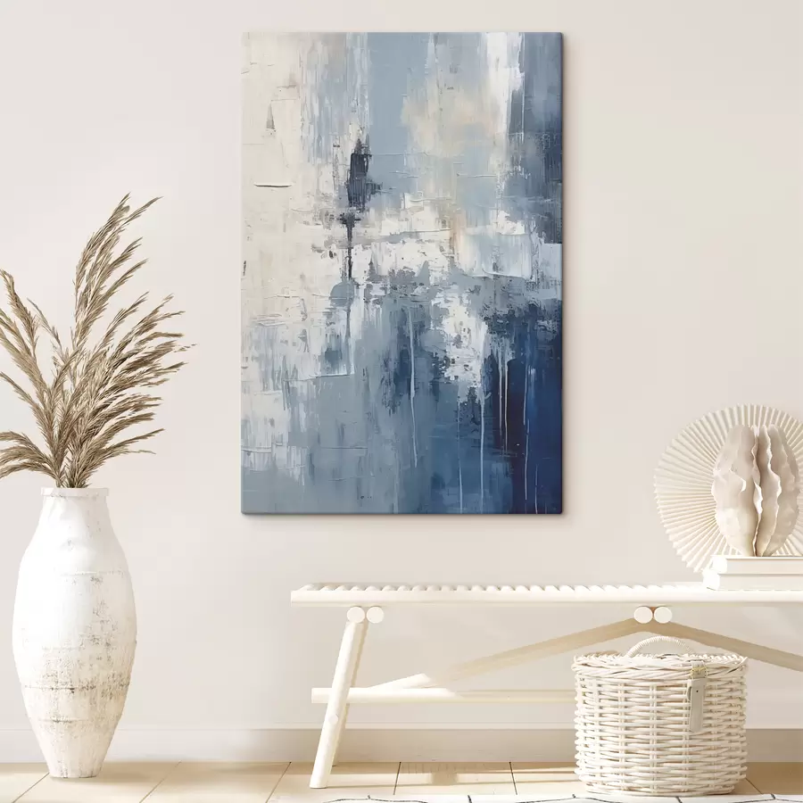 Pilt Abstraktne minimalistlik õlimaal, hõõrutud, geomeetriline, peits, sinine ja valge värv s38906