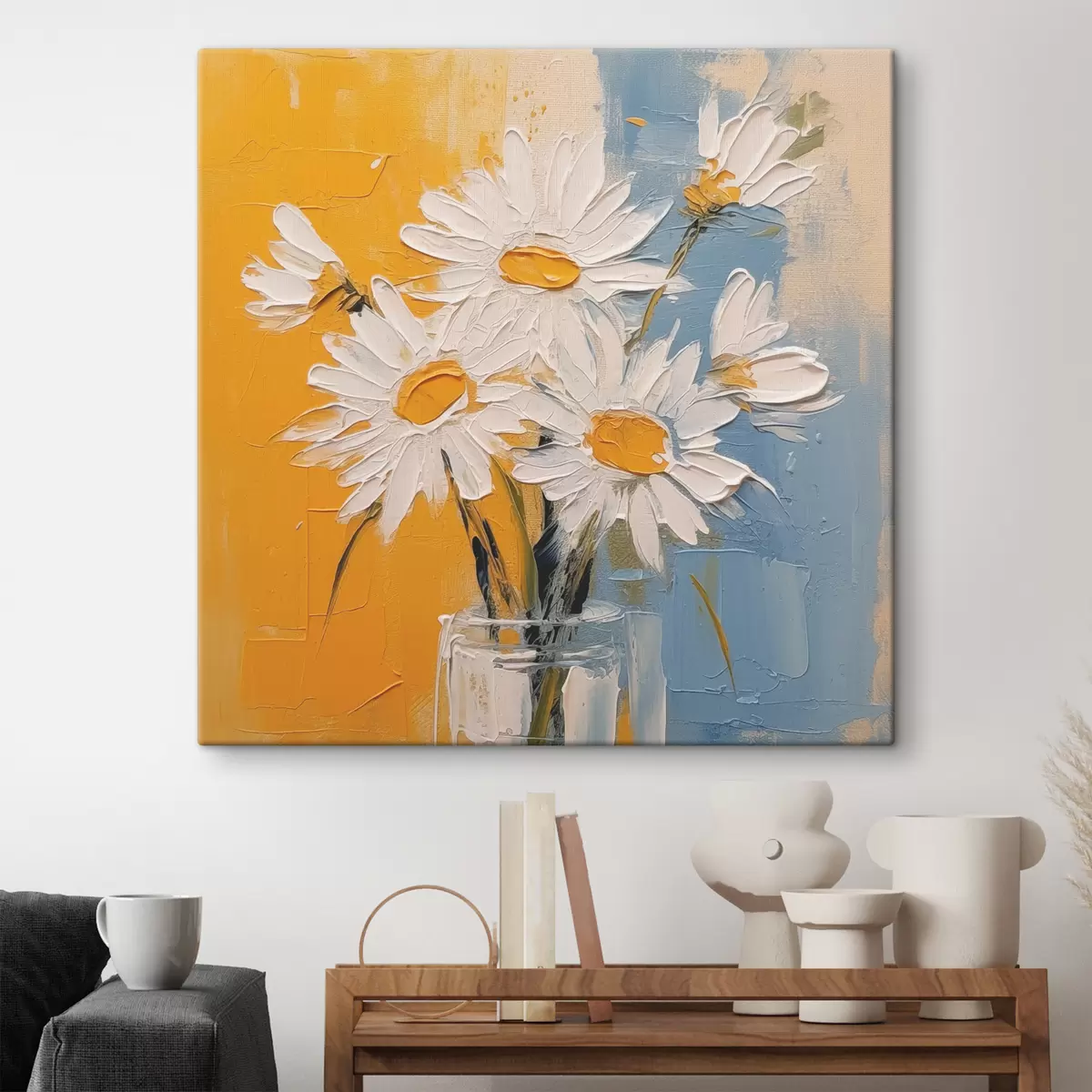 Pilt Valged karikakrad klaasvaasis sinisel ja kollasel taustal, õlimaali imitatsioon, suured jooned s38907