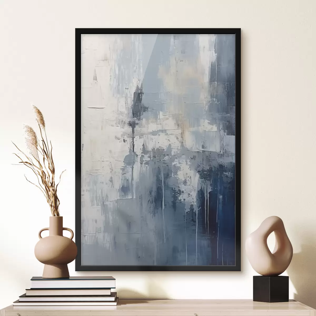 Plakat Abstraktne minimalistlik õlimaal, hõõrutud, geomeetriline, peits, sinine ja valge värv f38906