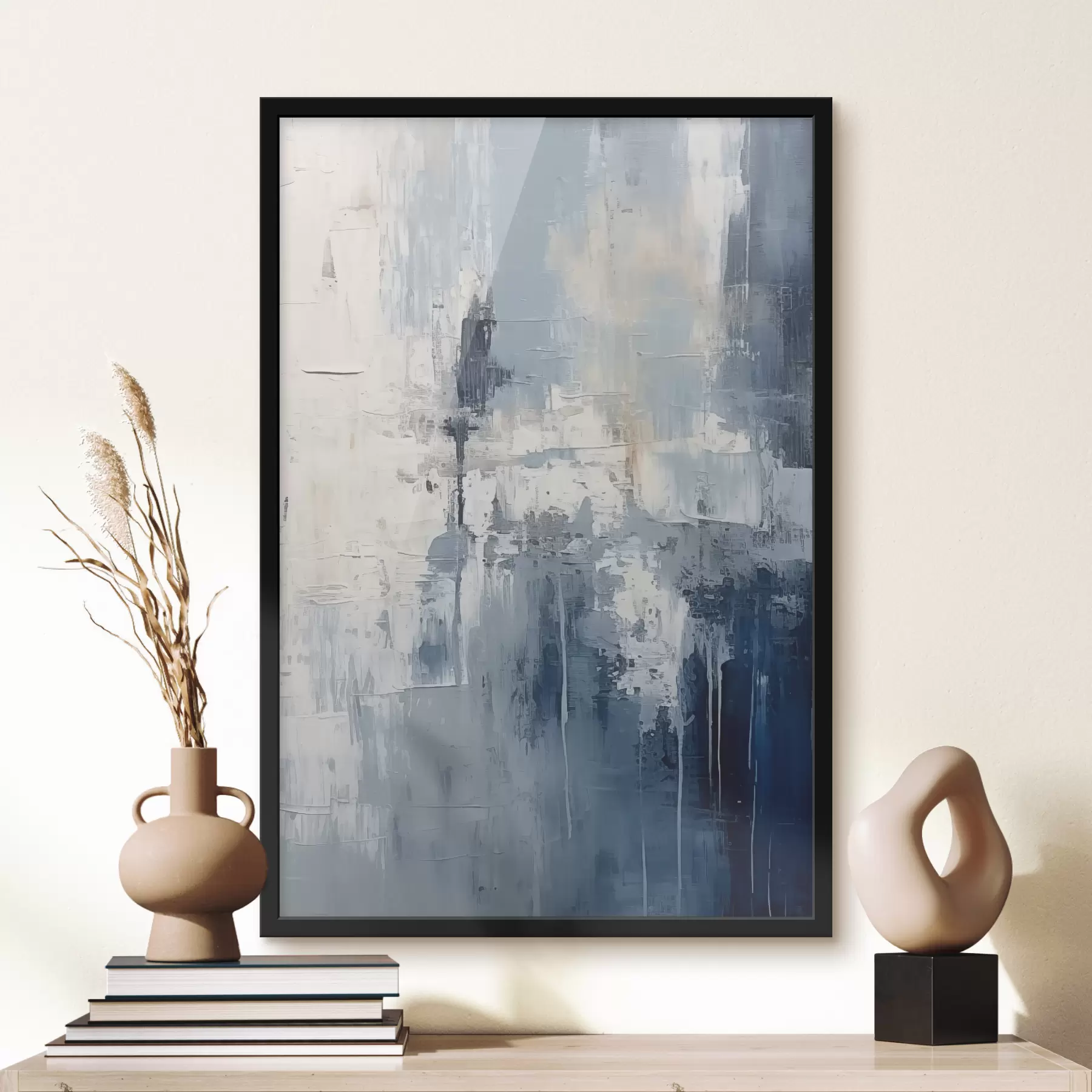 Pilt Abstraktne minimalistlik õlimaal, hõõrutud, geomeetriline, peits, sinine ja valge värv f38906