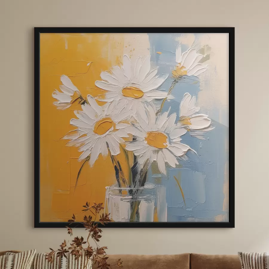 Fototapeedid Valged karikakrad klaasvaasis sinisel ja kollasel taustal, õlimaali imitatsioon, suured jooned f38907