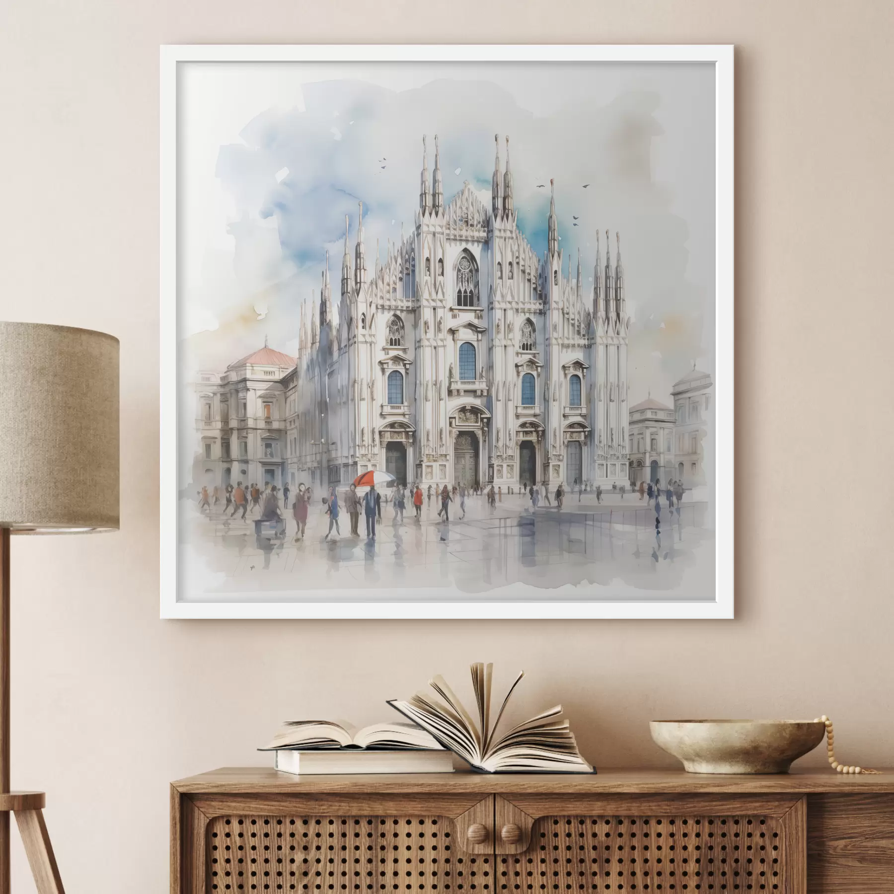 Fototapeedid Milano Duomo, arhitektuur, linn, vihm, akvarell, sinine, hall, kõndivad inimesed f38938