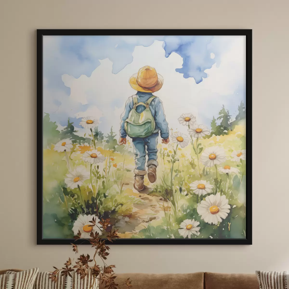 Plakat Kauboimütsis poiss, selja taga roheline seljakott ja sinine ülikond, kõnnib mööda teed kummeliväljal, akvarell f38946