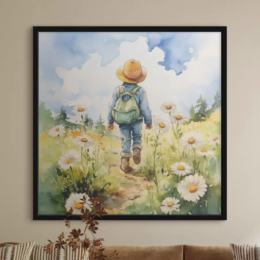 Fototapeedid Kauboimütsis poiss, selja taga roheline seljakott ja sinine ülikond, kõnnib mööda teed kummeliväljal, akvarell f38946