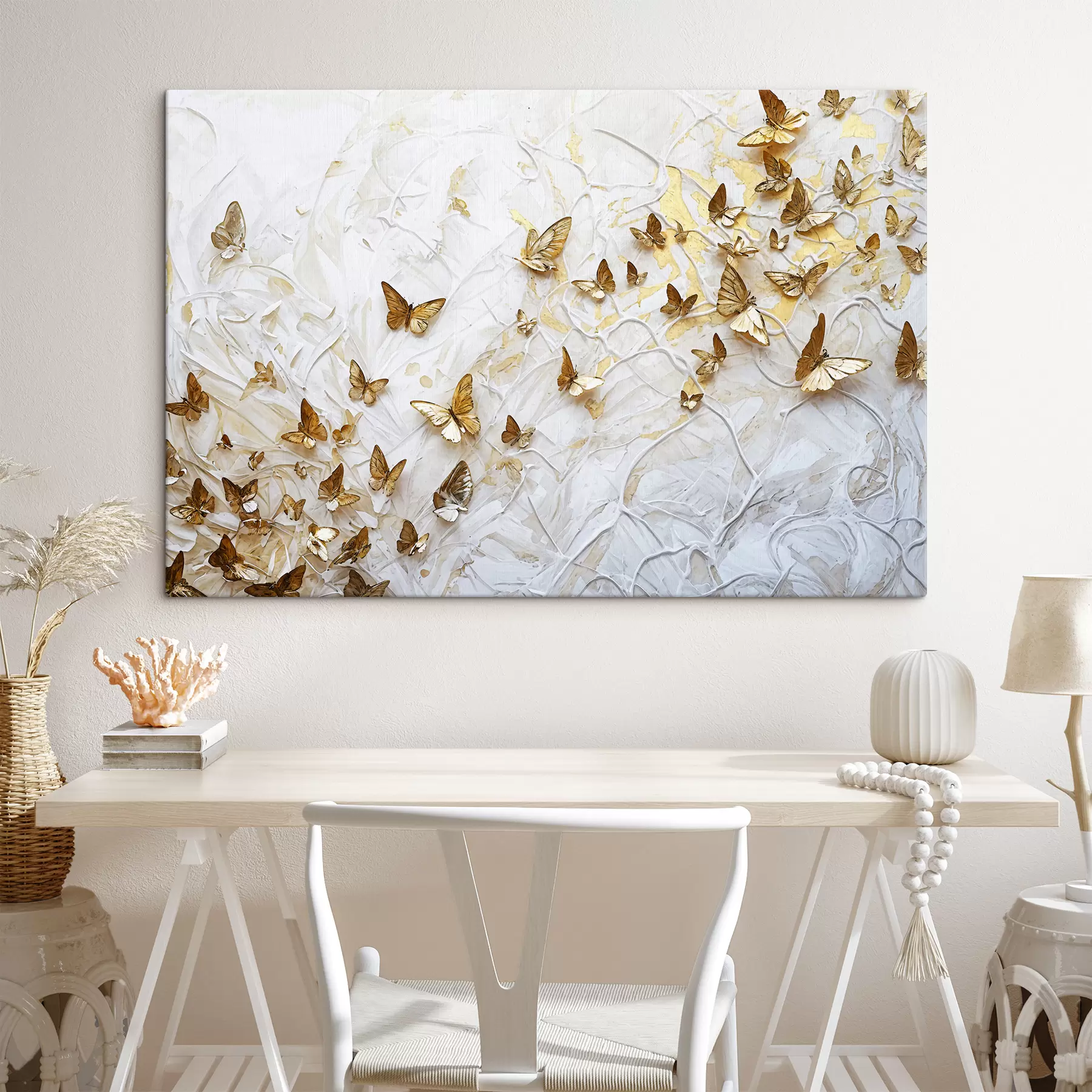 Pilt Suur rühm liblikaid valgel taustal, luues kauni ja keeruka mustri s38970