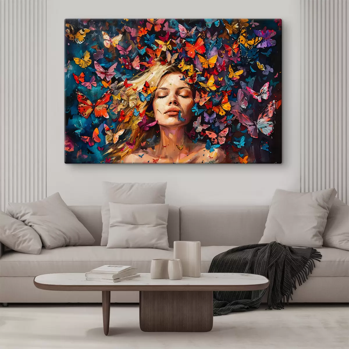 Pilt Õlimaal noorest naisest, keda ümbritseb värviliste liblikate parv tumedal taustal s38972