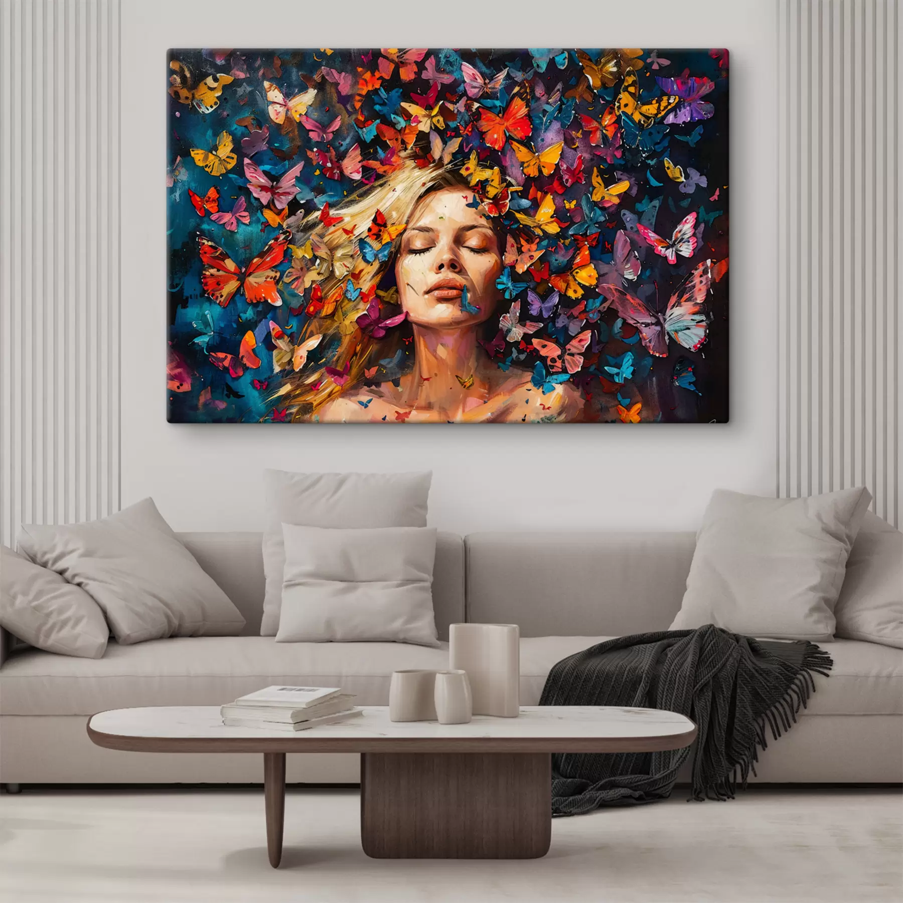 Pilt Õlimaal noorest naisest, keda ümbritseb värviliste liblikate parv tumedal taustal s38972