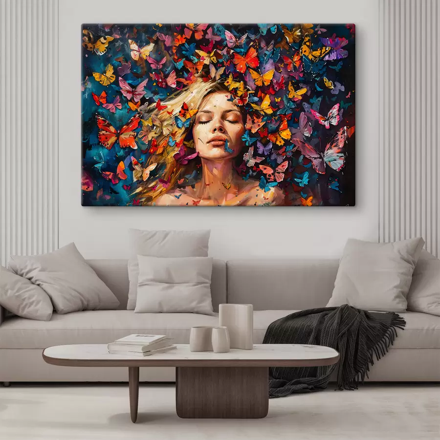 Pilt Õlimaal noorest naisest, keda ümbritseb värviliste liblikate parv tumedal taustal s38972