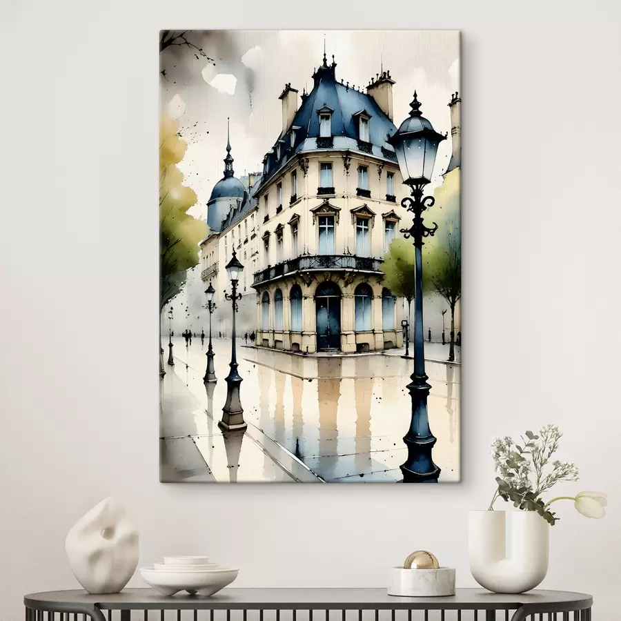 Pilt Kumera fassaadi ja dekoratiivsete arhitektuursete elementidega ajaloolise hoone akvarellmaal s38975