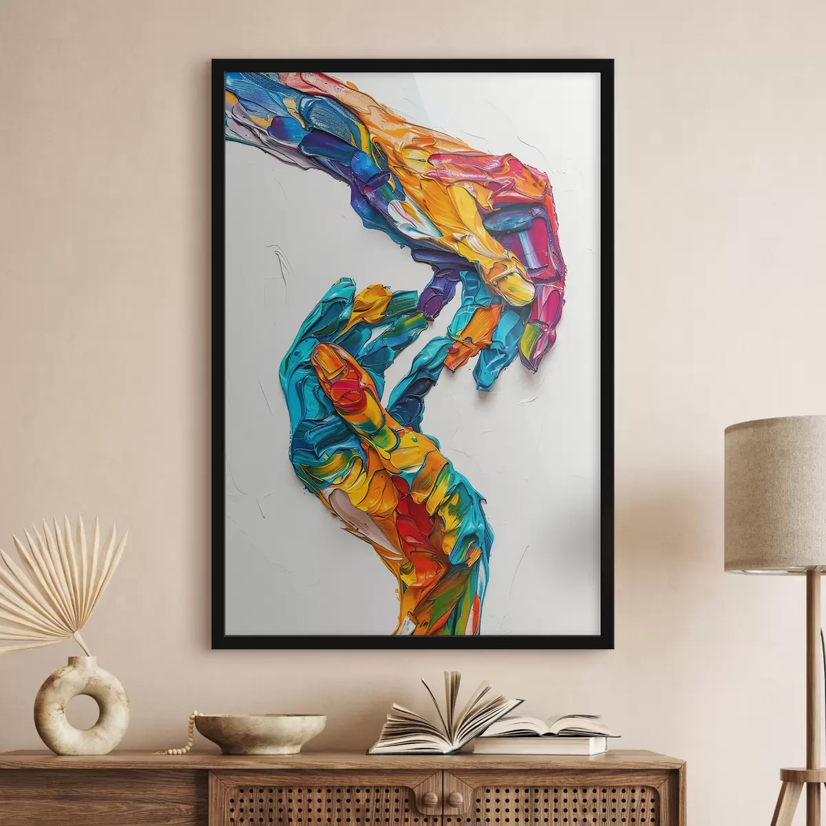 Plakat Värvilised abstraktsed impasto õlimaali käed erksate sinise, oranži, kollase ja punase värvi pintslitõmmetega f38955