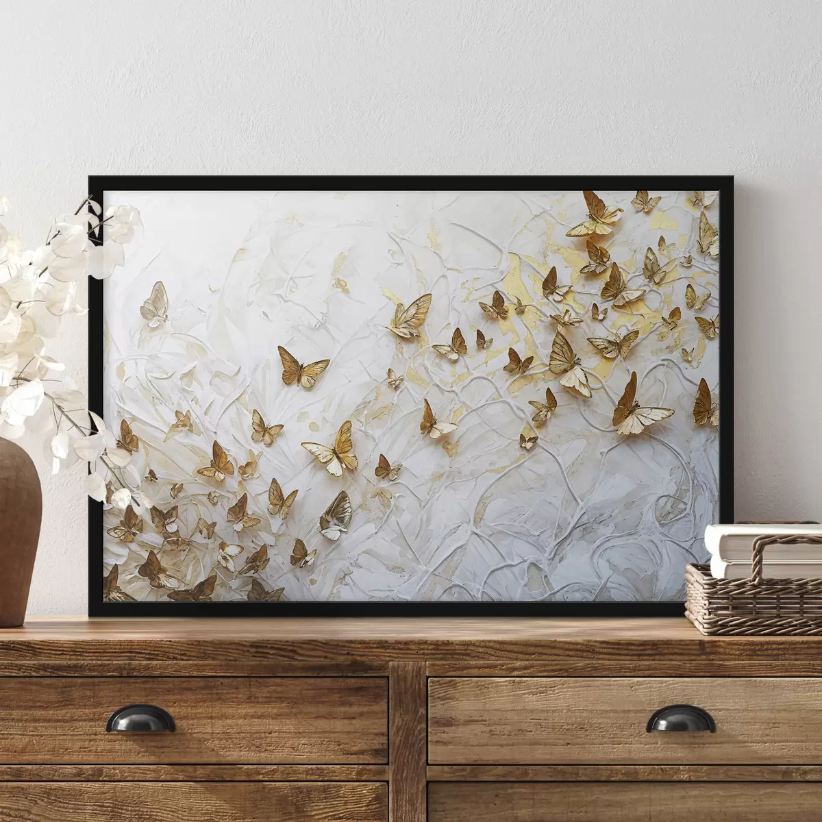 Plakat Suur rühm liblikaid valgel taustal, luues kauni ja keeruka mustri f38970