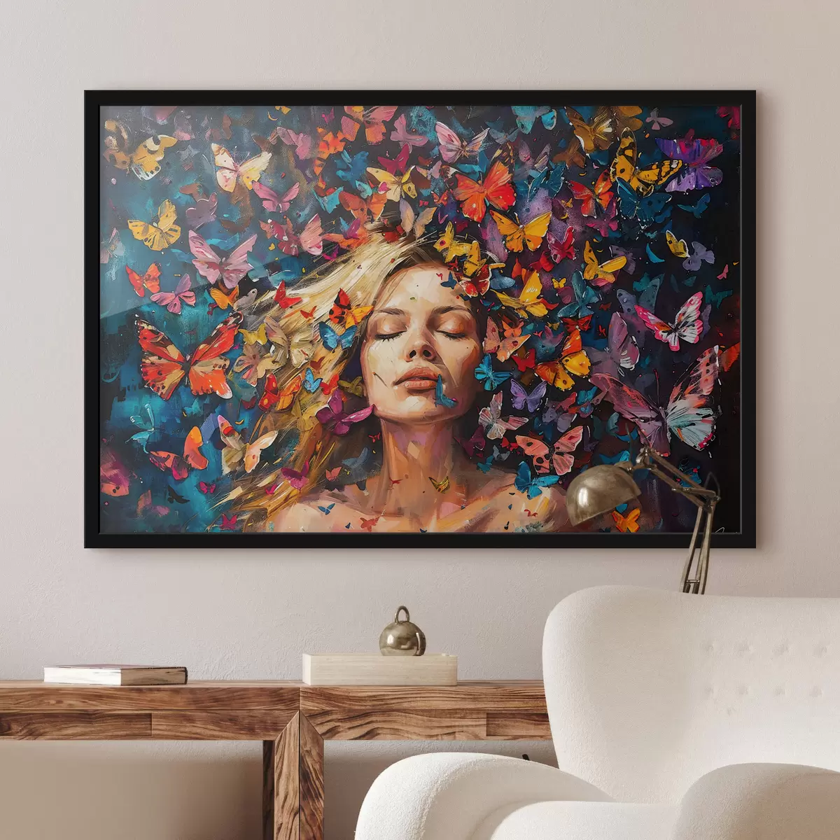 Plakat Õlimaal noorest naisest, keda ümbritseb värviliste liblikate parv tumedal taustal f38972
