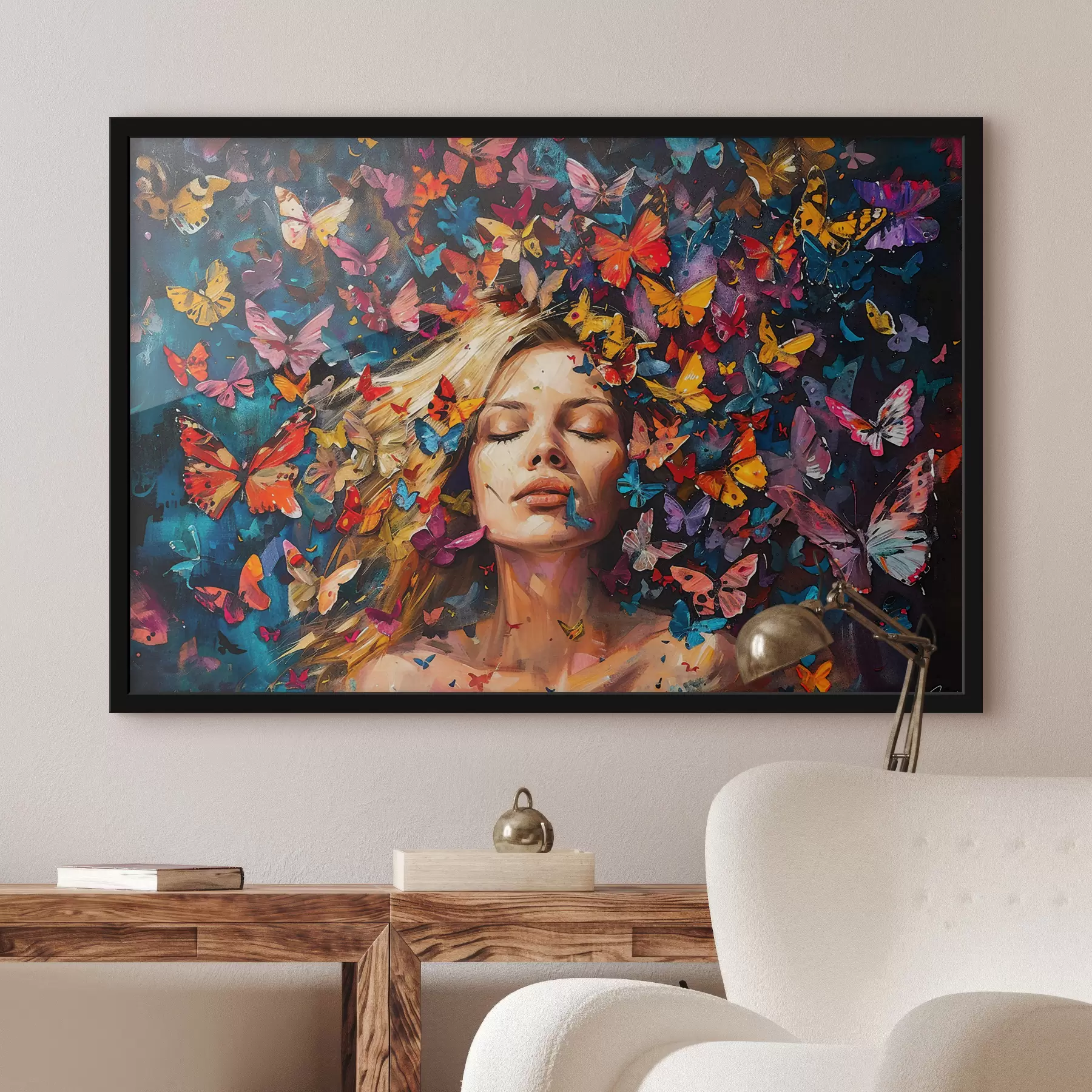 Fototapeedid Õlimaal noorest naisest, keda ümbritseb värviliste liblikate parv tumedal taustal f38972