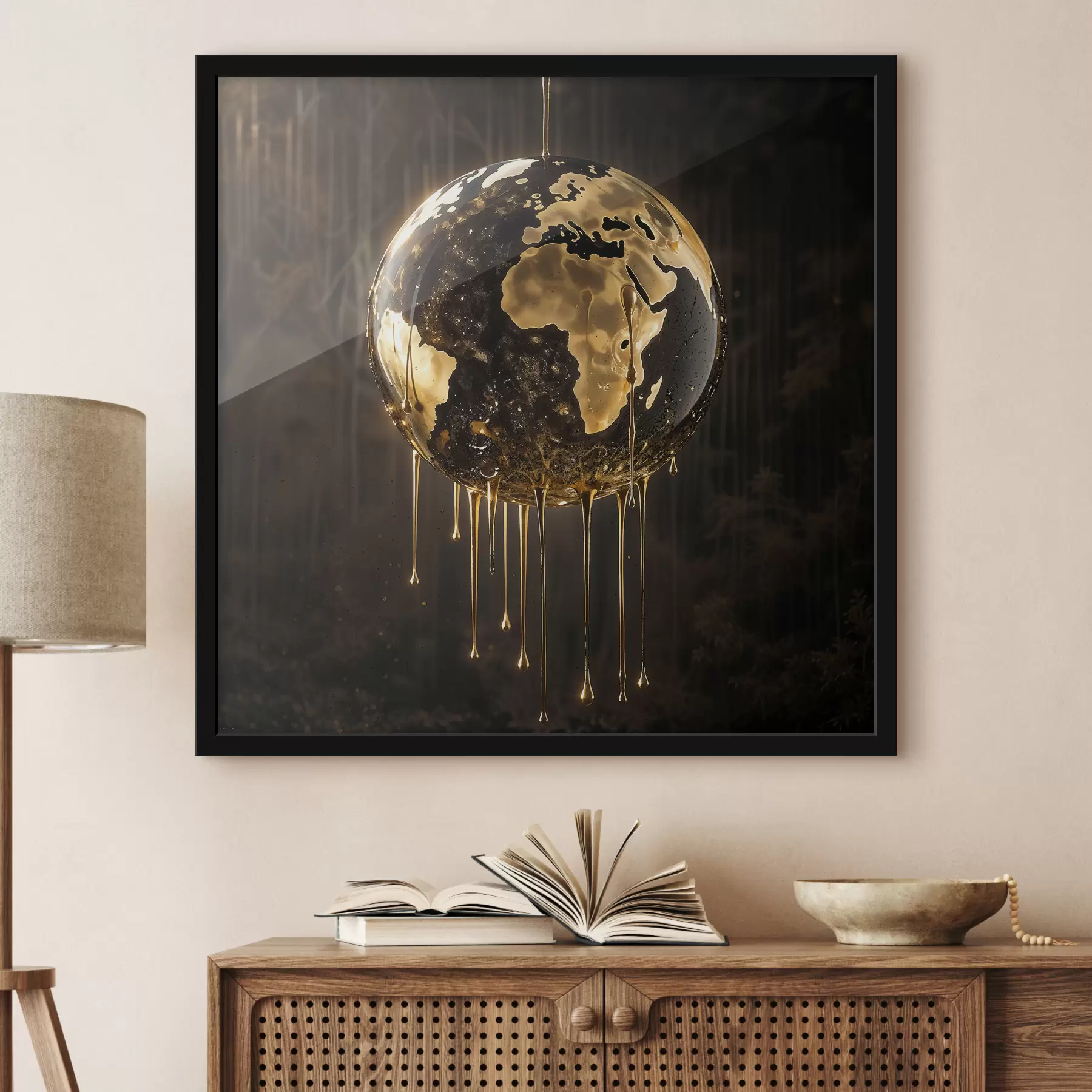 Pilt Hõõguv pall, mis kujutab Maad, mida tumedal taustal ümbritsevad tilkuvad vedelikud f38983