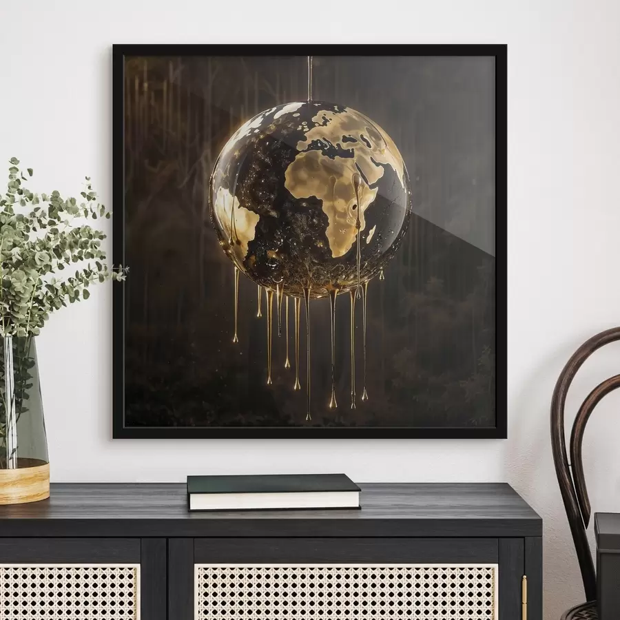 Fototapeedid Hõõguv pall, mis kujutab Maad, mida tumedal taustal ümbritsevad tilkuvad vedelikud f38983