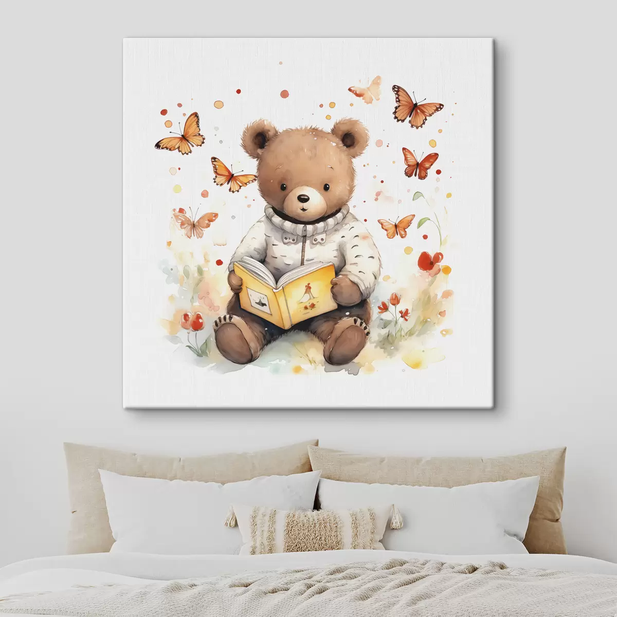 Pilt Kampsunis pruunkarupoeg loeb akvarelliliblikatest ümbritsetud raamatut s39025