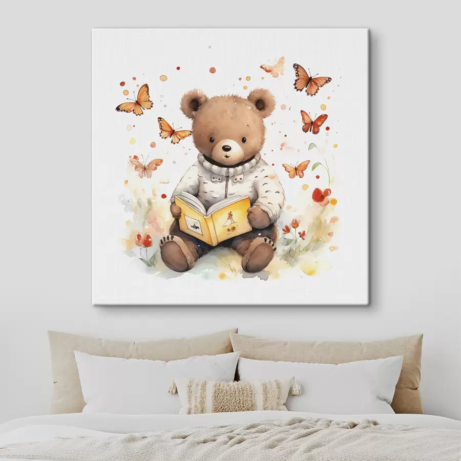 Pilt Kampsunis pruunkarupoeg loeb akvarelliliblikatest ümbritsetud raamatut s39025