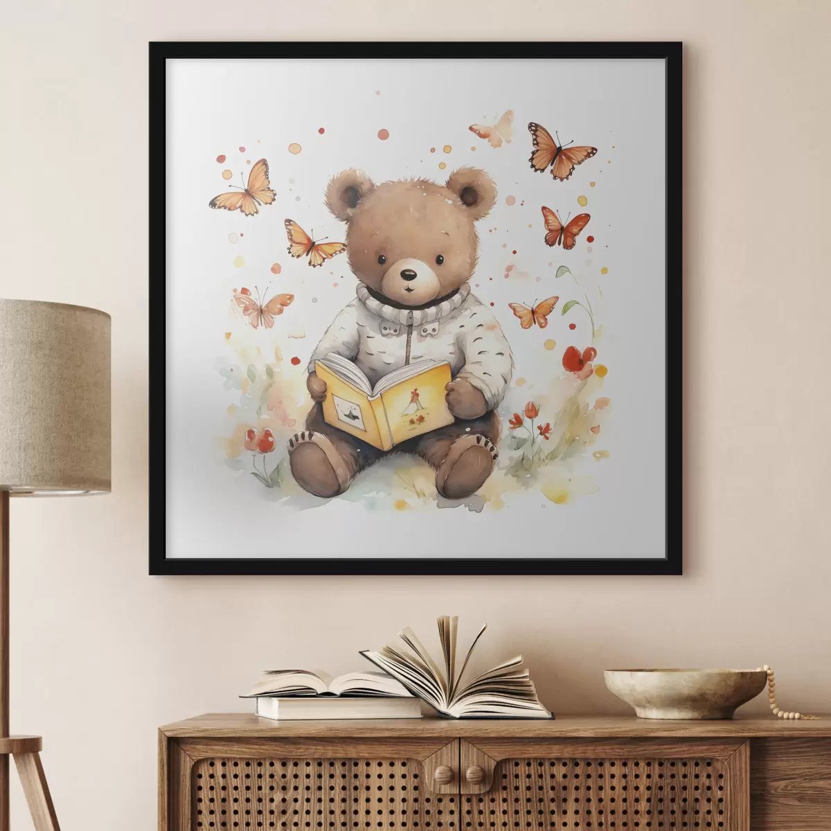 Plakat Pruun karu kampsunis loeb raamatut, mida ümbritsevad akvarellidest liblikad f39025