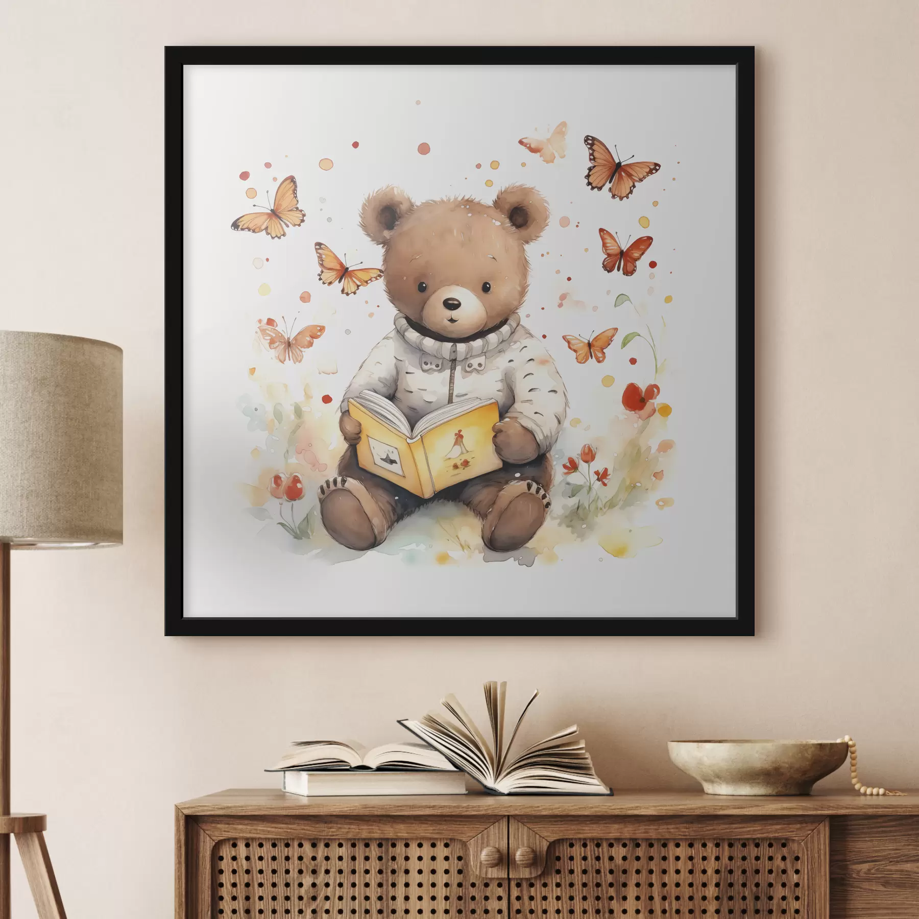 Pilt Pruun karu kampsunis loeb raamatut, mida ümbritsevad akvarellidest liblikad f39025