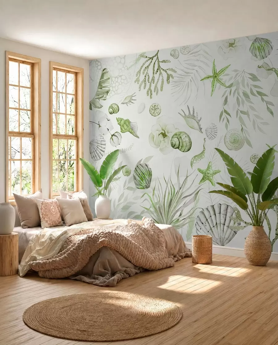 Fototapeedid Akvarell meremuster, boho stiil, merekarbid, korallid, puuvill, rohelised värvid w00851v2