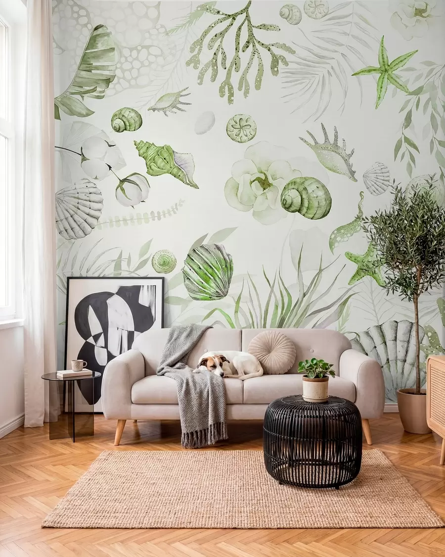 Fototapeedid Akvarell meremuster, boho stiil, merekarbid, korallid, puuvill, rohelised värvid w00851v2