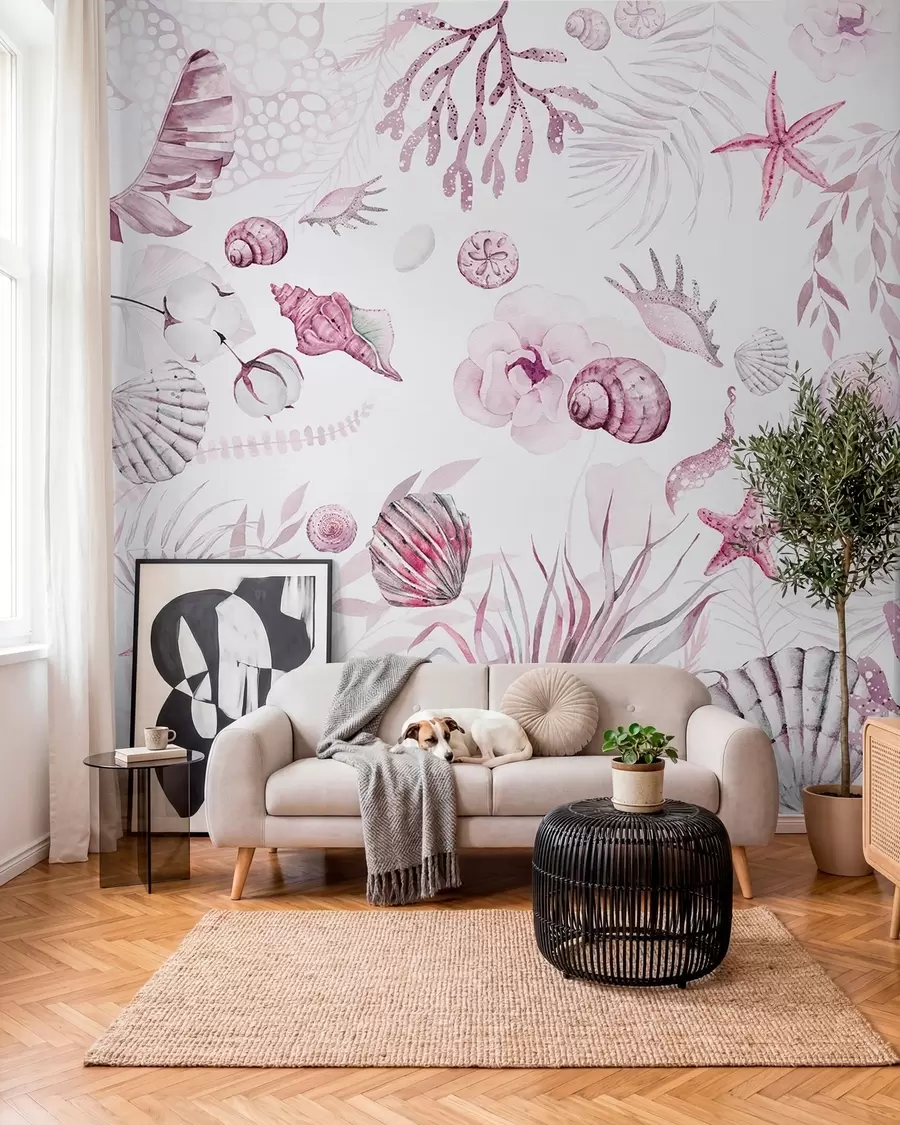 Fototapeedid Akvarell meremuster, boho stiil, merekarbid, korallid, puuvill, roosad värvid w00851v3