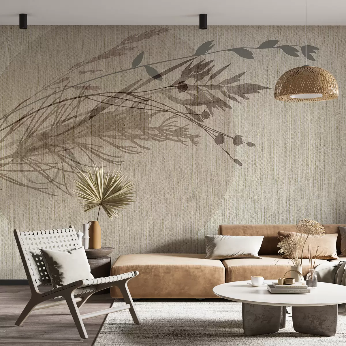 Fototapeedid Minimalistlik illustratsioon ümmargusest vormist abstraktsete taimetaoliste elementidega summutatud maatoonides w00902