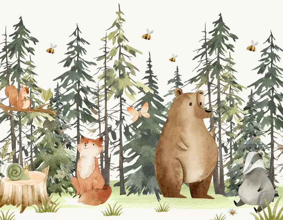 Fototapeedid Metsatseen loomade ja erinevate männipuudega taustal w00905