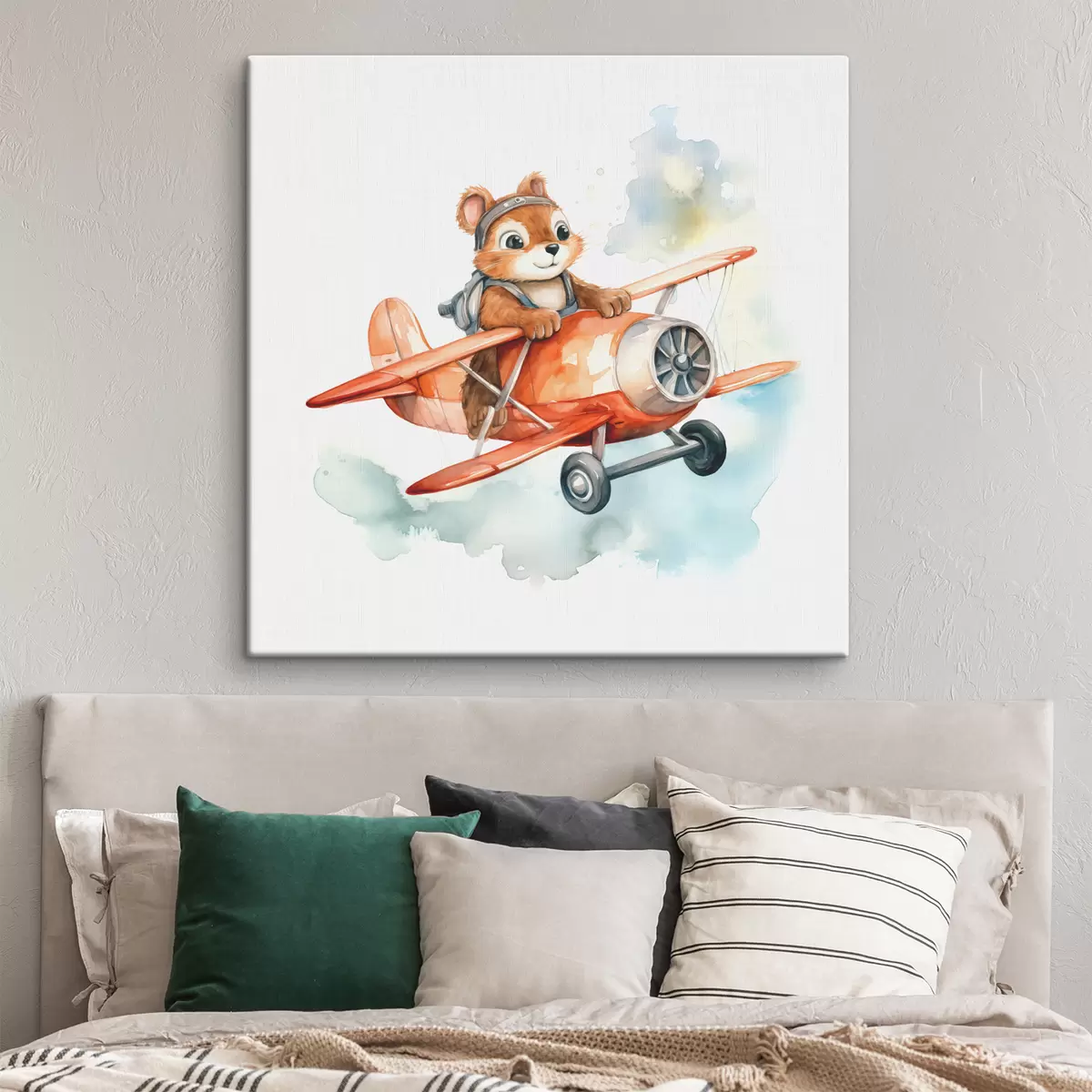 Pilt Oravapoeg lendab punases lennukis laste illustratsiooniga akvarell s39116