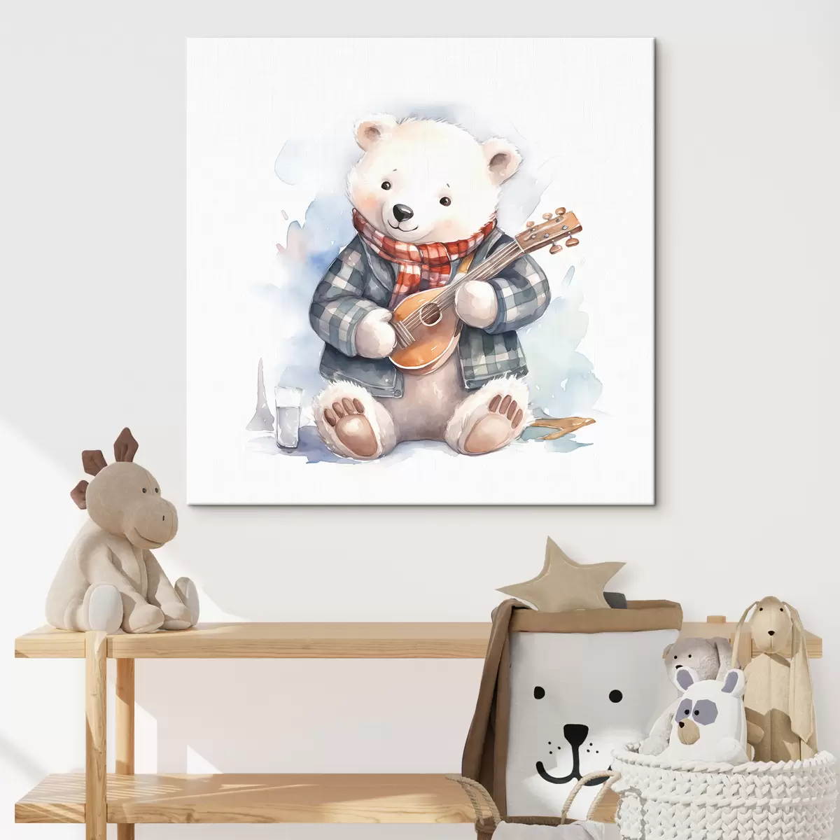 Pilt Siniseruudulises ülikonnas ja punase salliga jääkarumuusik mängib kitarri laste akvarelliillustratsiooni s39120