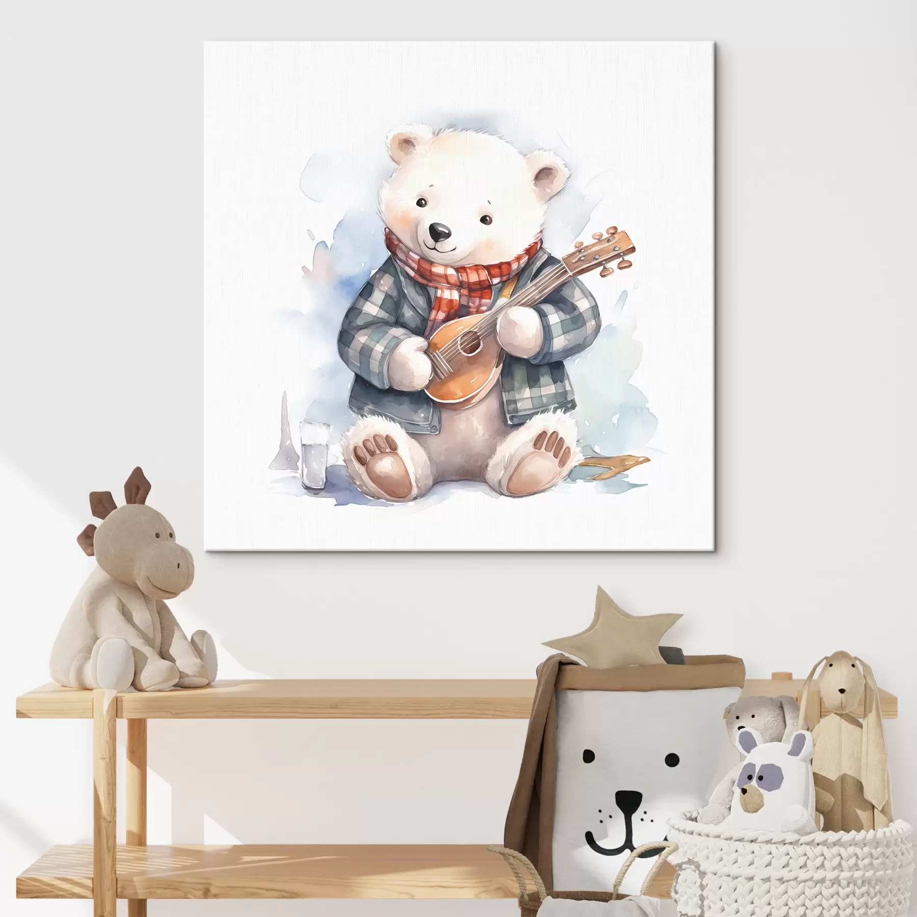 Pilt Siniseruudulises ülikonnas ja punase salliga jääkarumuusik mängib kitarri laste akvarelliillustratsiooni s39120