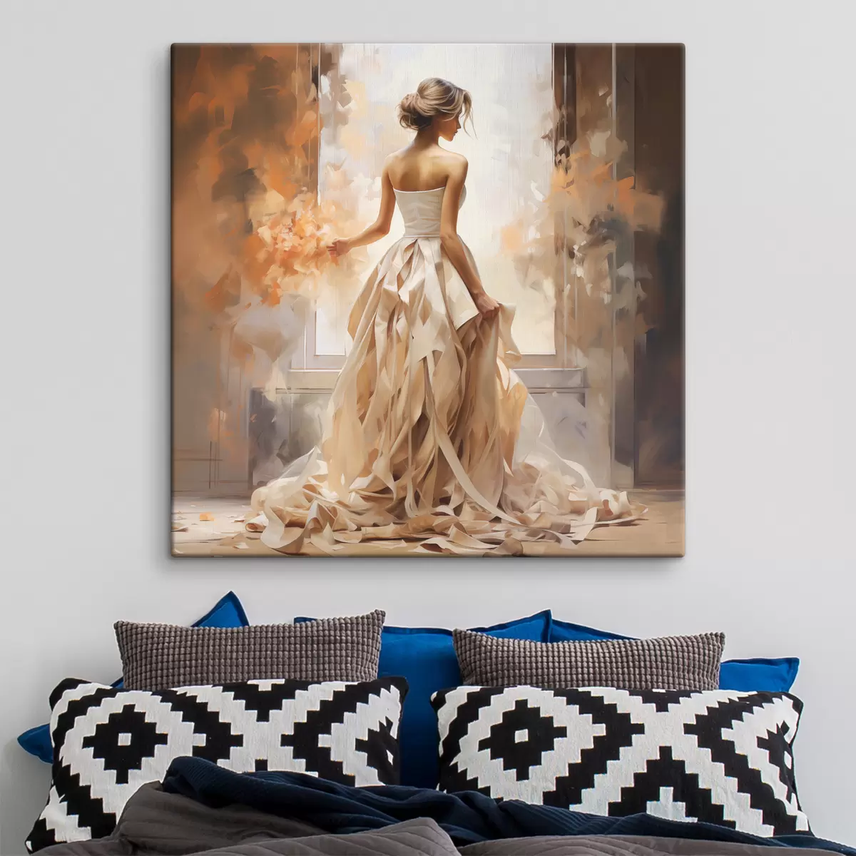 Pilt Valges pulmakleidis tüdruk seisab aknal lõkke vahel ja maalib käsitööna s39125