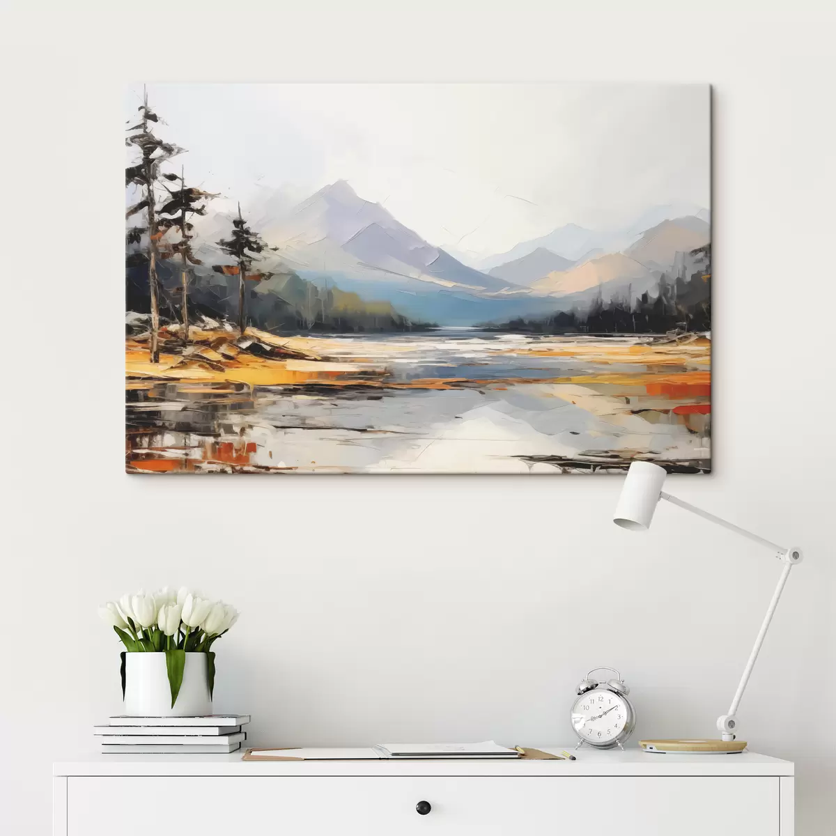 Pilt Mäeahelikud orus õlimaal, maastik, loodus, sinine, valge kollane värv s39128