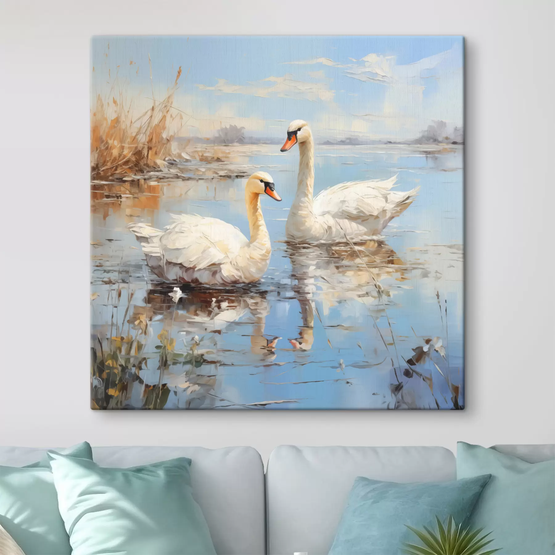 Fototapeedid Valged haned ujuvad mööda jõge roostiku vahel, sinist, valget, beeži värvi s39130