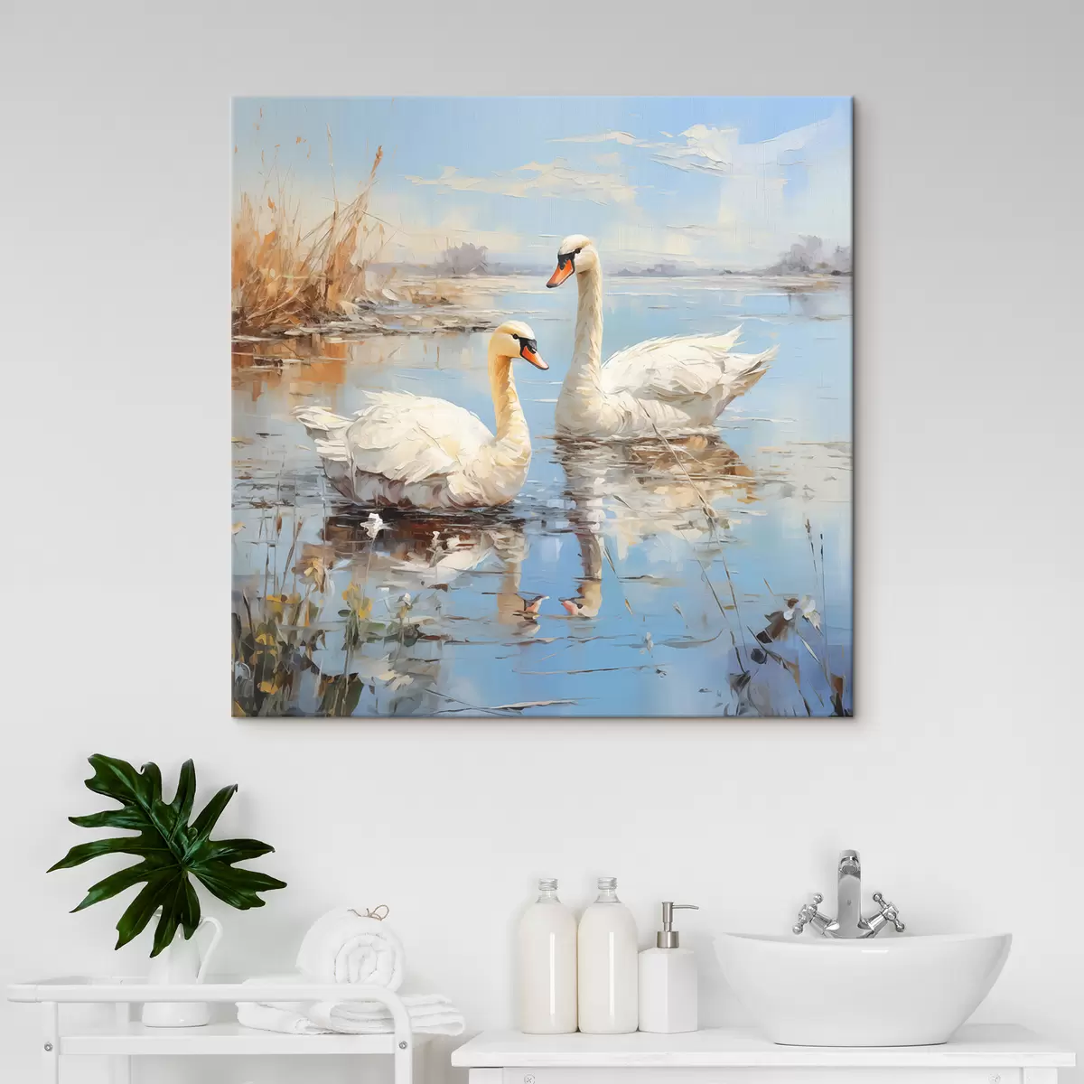 Pilt Valged haned ujuvad mööda jõge roostiku vahel, sinist, valget, beeži värvi s39130