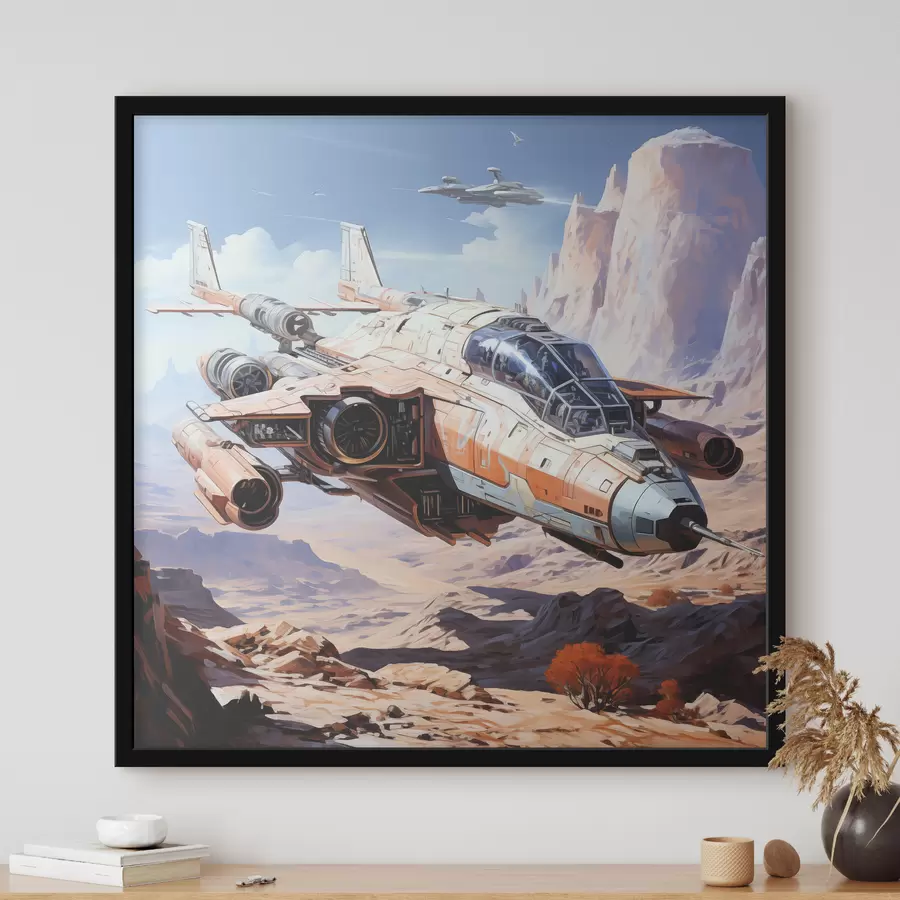 Fototapeedid Cyberpunk stiilis kosmoselaev lendab mägede ja pilvede vahel, kuuvarjutus, sinised, beežid, valged värvid f39113