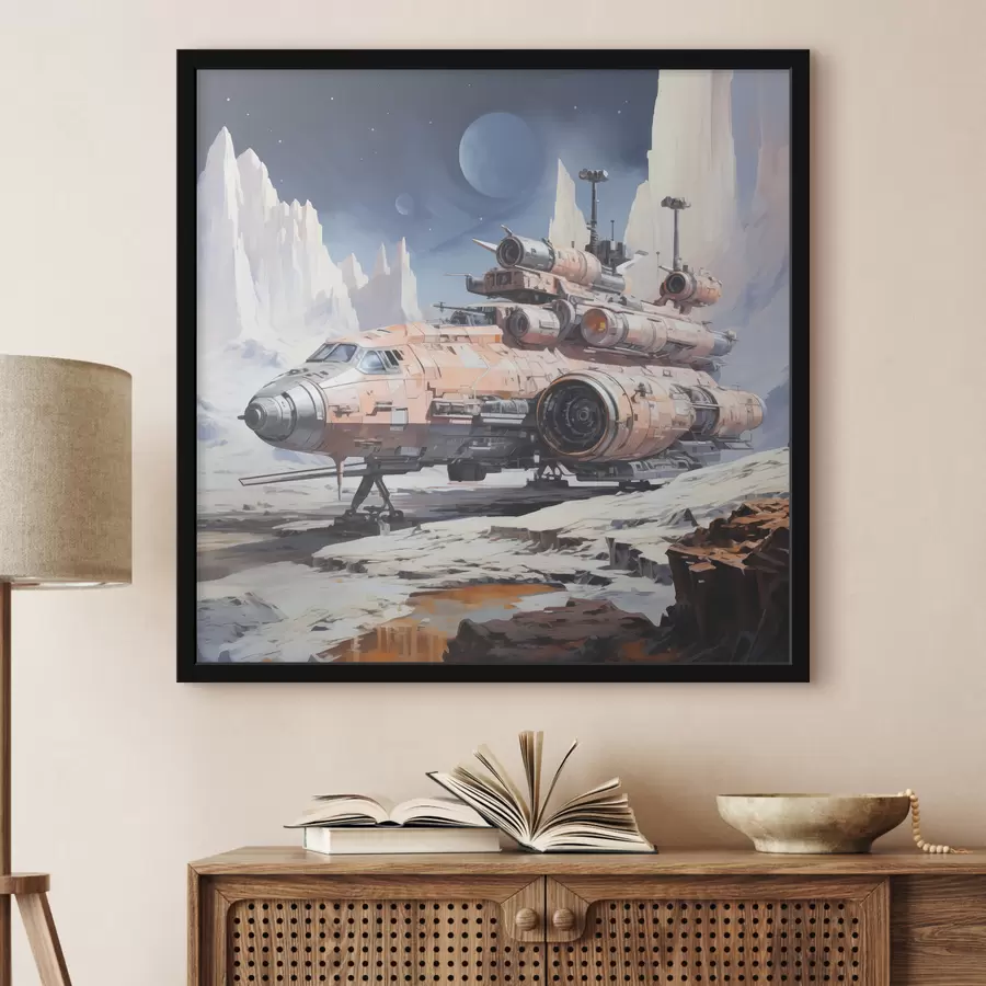 Fototapeedid Küberpunk stiilis kosmoselaev seisab Kuu pinnal kosmoses mägede vahel, sinine, beež, valge värvus f39114