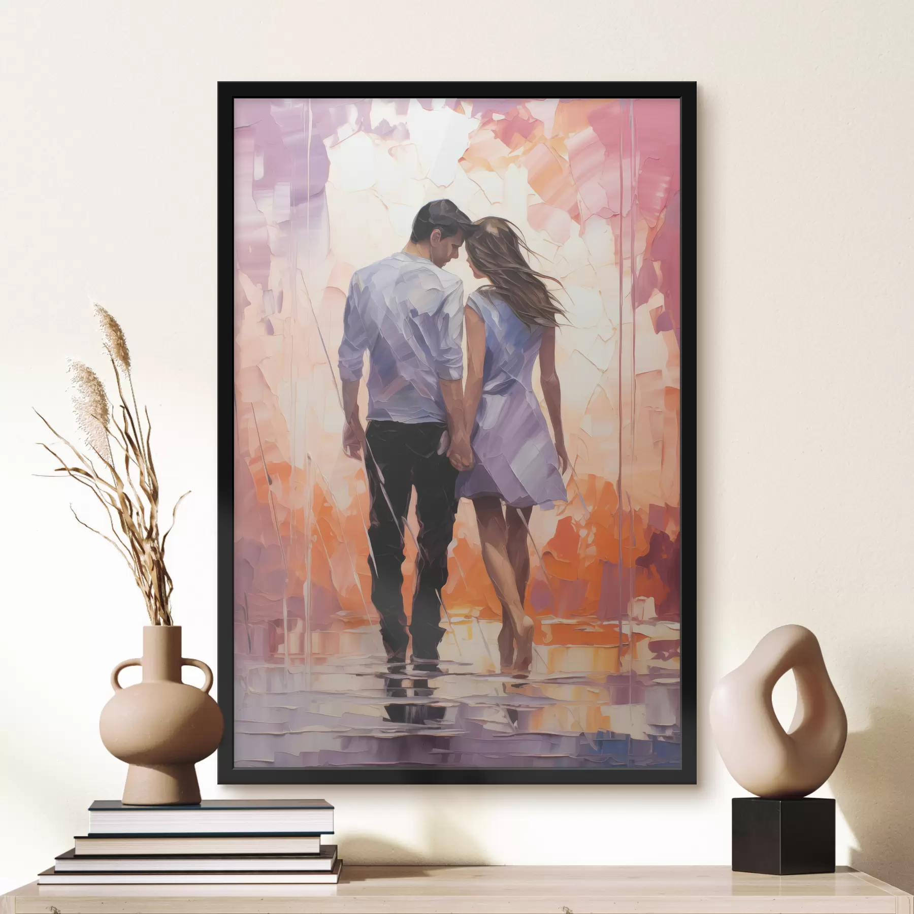 Pilt Abstraktne maal armunud paari siluett, tüdruk ja mees, roosa, oranž, lilla, must f39124