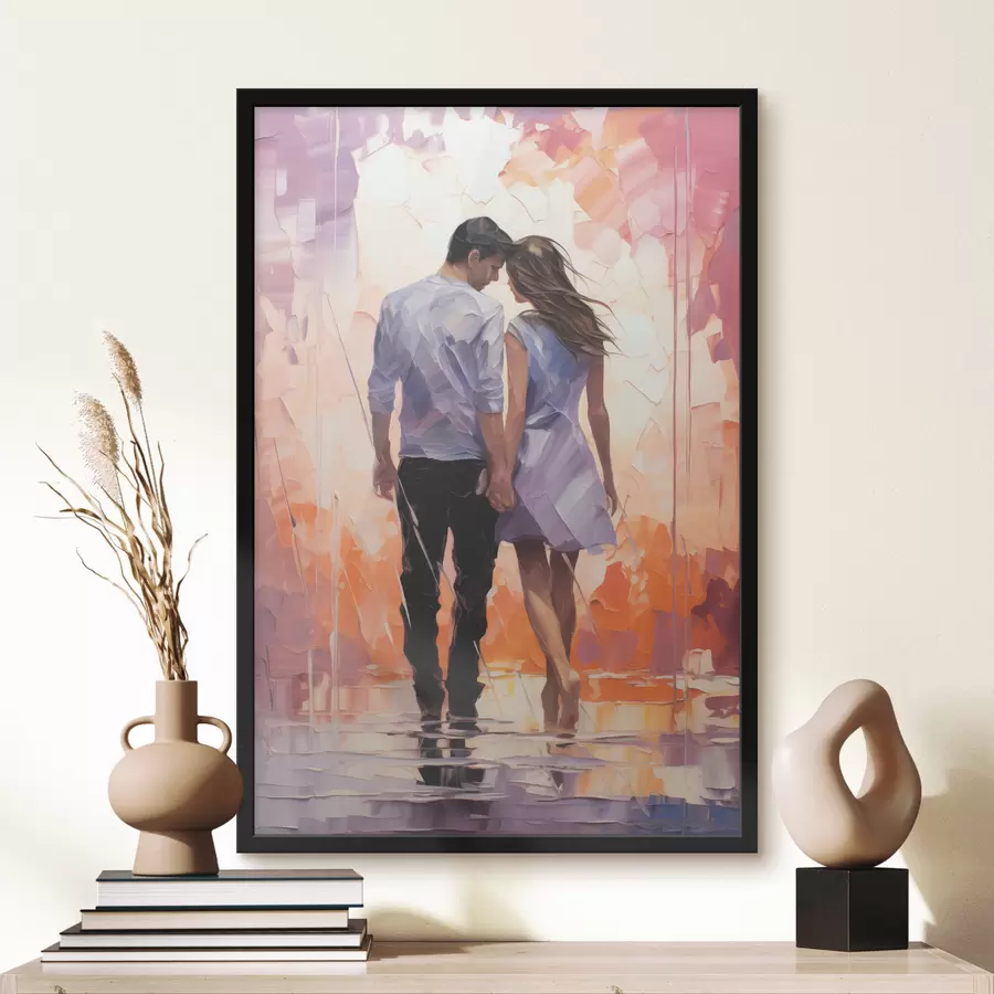 Fototapeedid Abstraktne maal armunud paari siluett, tüdruk ja mees, roosa, oranž, lilla, must f39124