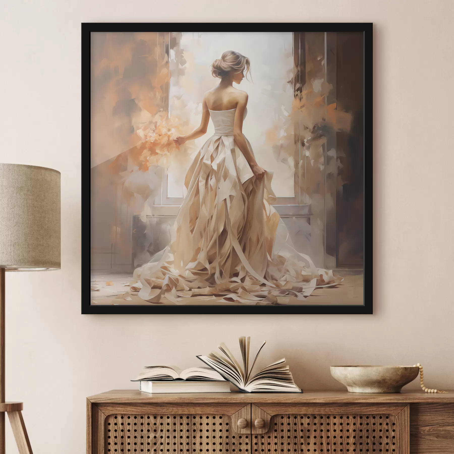 Fototapeedid Valges pulmakleidis tüdruk seisab akna ääres lõkke keskel ja maalib käsitsi f39125