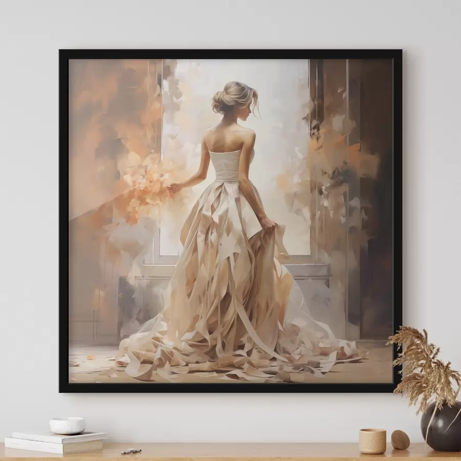 Pilt Valges pulmakleidis tüdruk seisab akna ääres lõkke keskel ja maalib käsitsi f39125