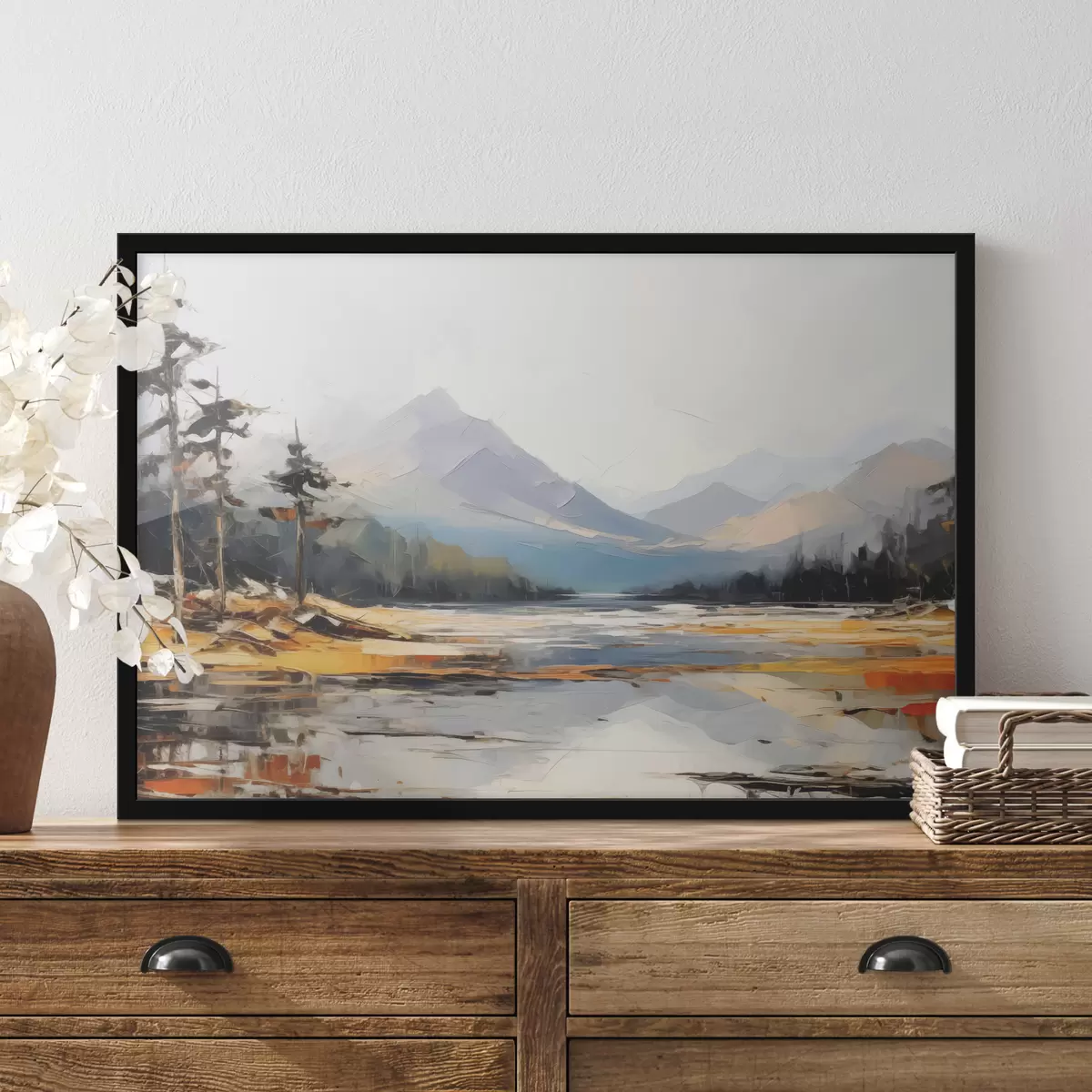 Plakat Mäeahelikud orus õlimaal, maastik, loodus, sinine, valge kollane värv f39128