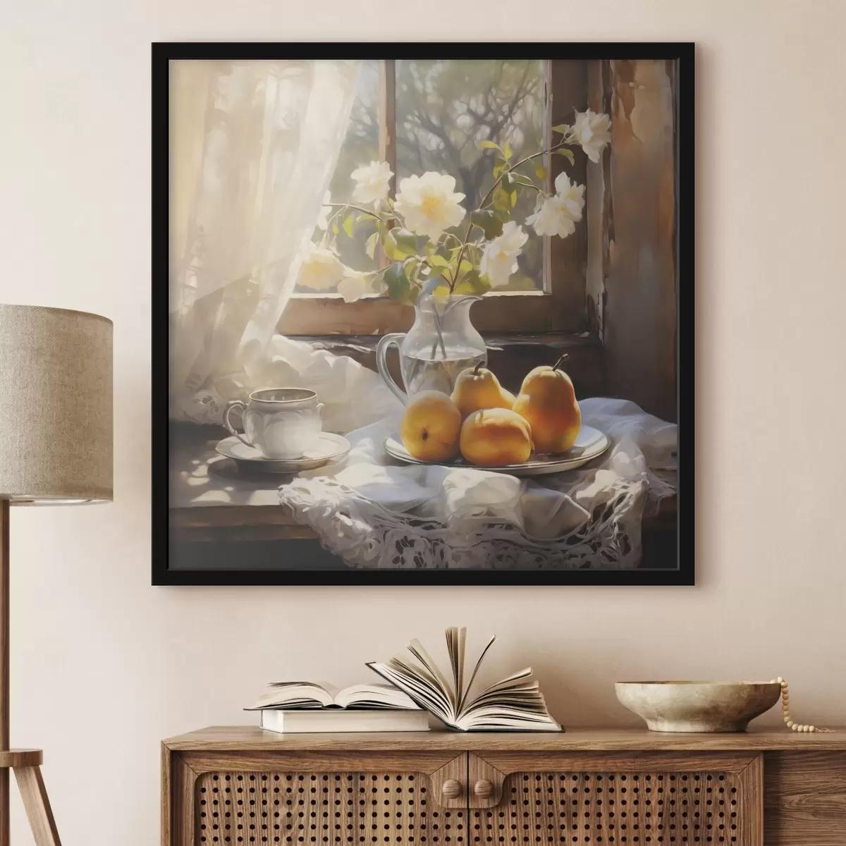 Plakat Maaliline vaatepilt kollaste küpsete pirnidega taldrikul aknaäärsel laual, valged roosid klaaskannus, valged pitskardinad f39129