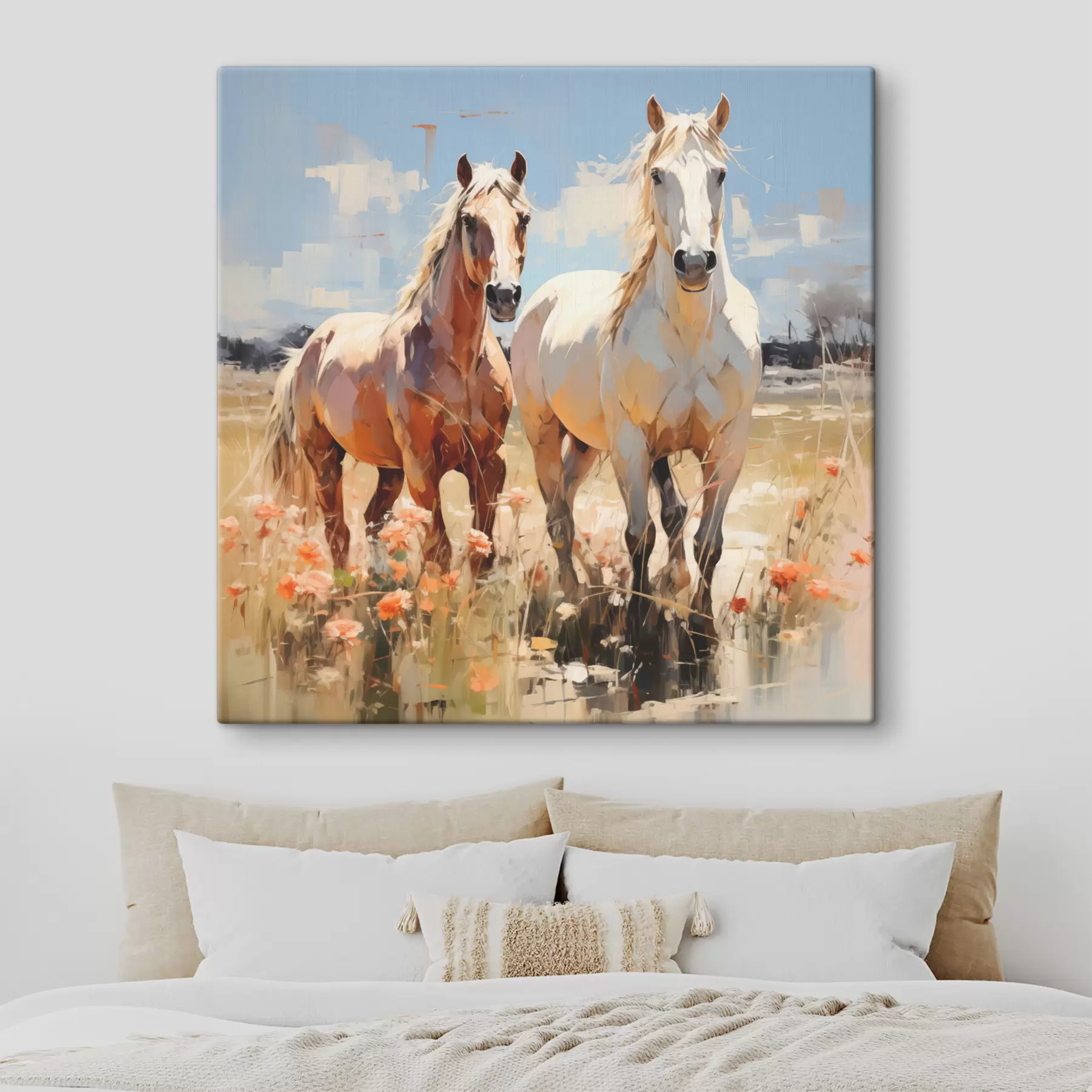 Fototapeedid Valged ja pruunid hobused karjatavad heinamaal metsalillede vahel õlimaal abstraktset kunsti s39187