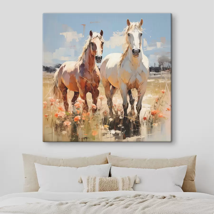 Pilt Valged ja pruunid hobused karjatavad heinamaal metsalillede vahel õlimaal abstraktset kunsti s39187