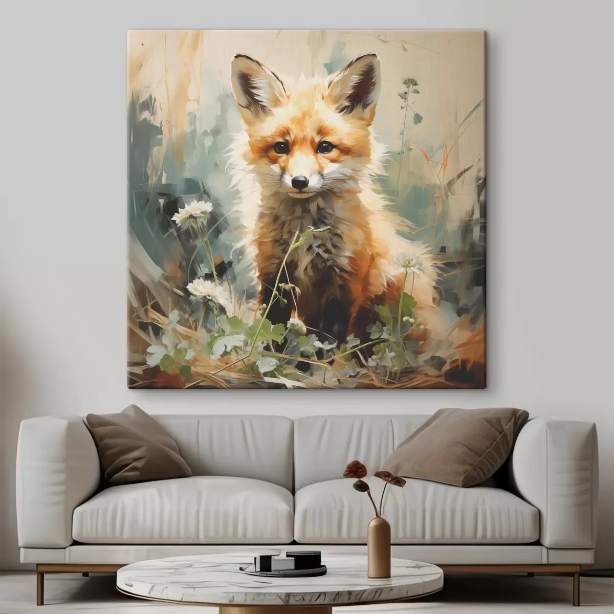 Pilt Punane rebane istub kuivas rohus rohelisel taustal õlimaal s39191