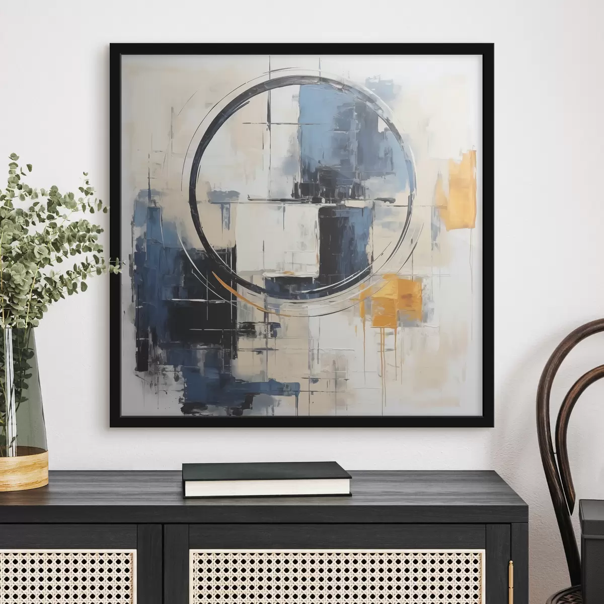 Plakat Abstraktne kubism, sinine, oranž, valge kriips, ringikujuline kujund f39179